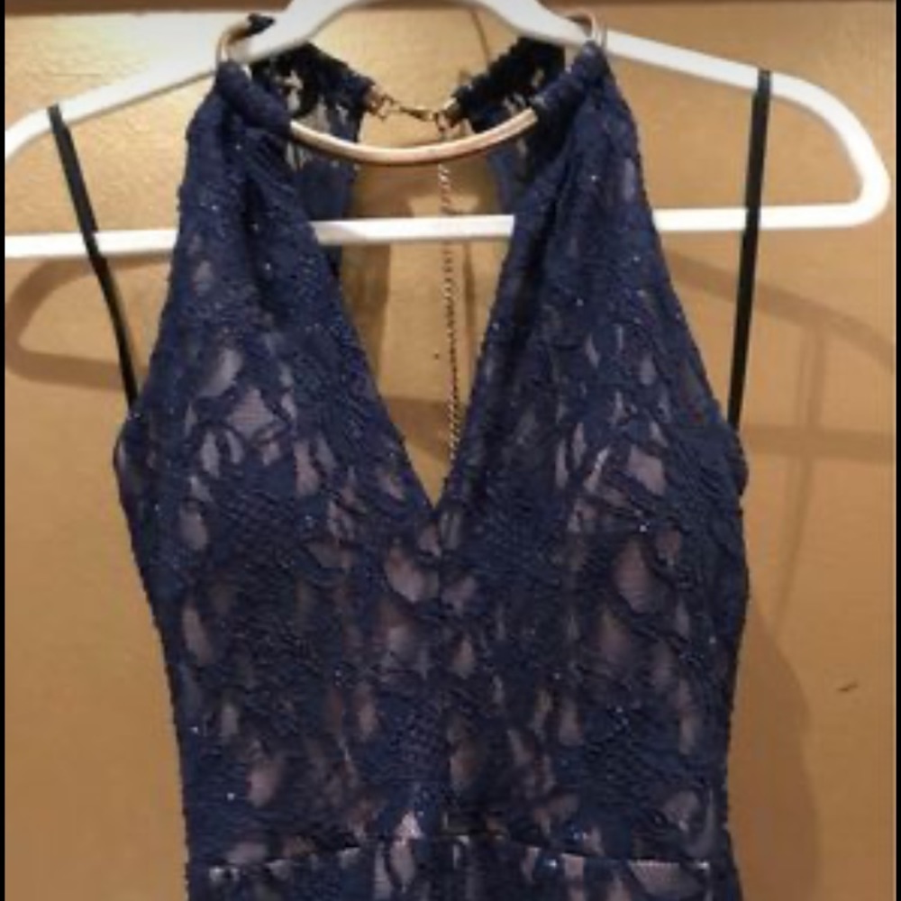 B. Darlin Gold Necklace Blue Lace Sleeveless Dress size 3/4